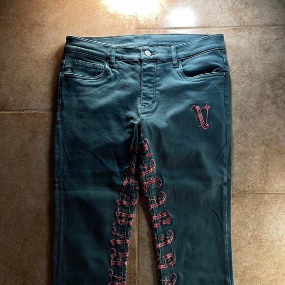 Valabasas Crotch Print Y2K Embroidered Teal Stacked Jeans - Picture 4 of 9